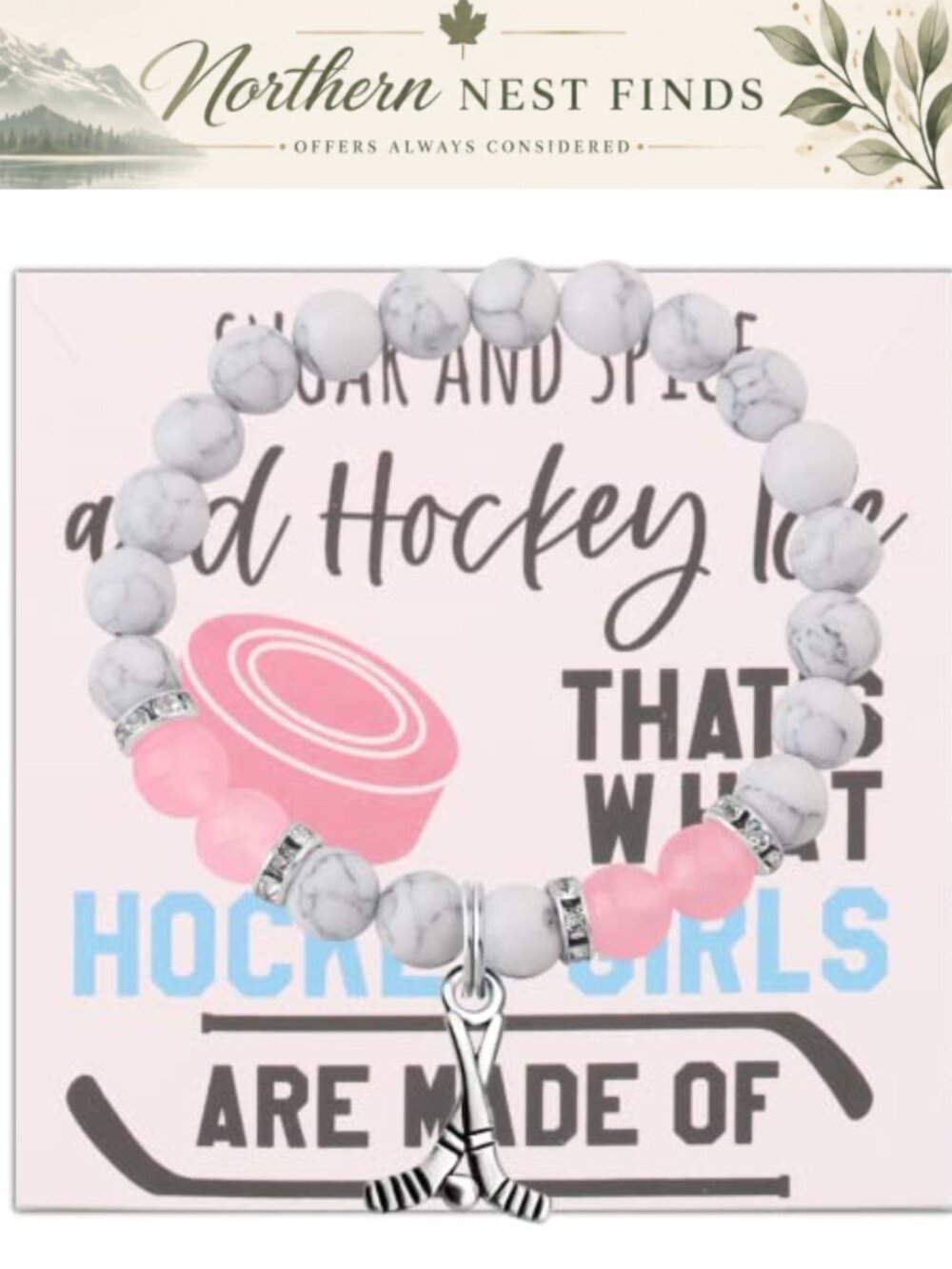 Hockey Girl Gemstone Beaded Bracelet Charm Elastic Stretch Gift